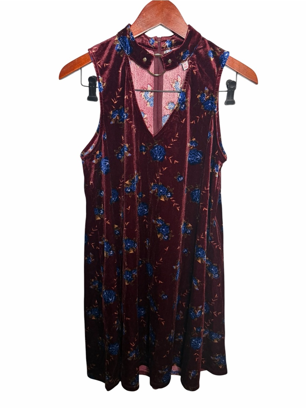 Xhilaration Burgundy Velvet Floral Choker Mini Dress with Blue Roses - Picture 2 of 10